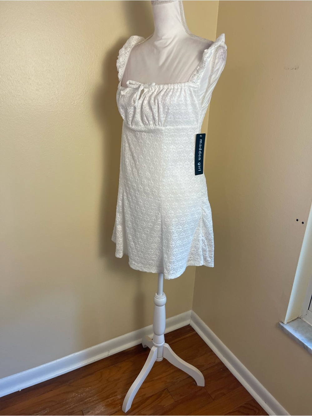 Milkmaid White Lace Mini Dress Stretchy Bow Ruffle Strap Cottagecore Coquette L - Picture 6 of 14